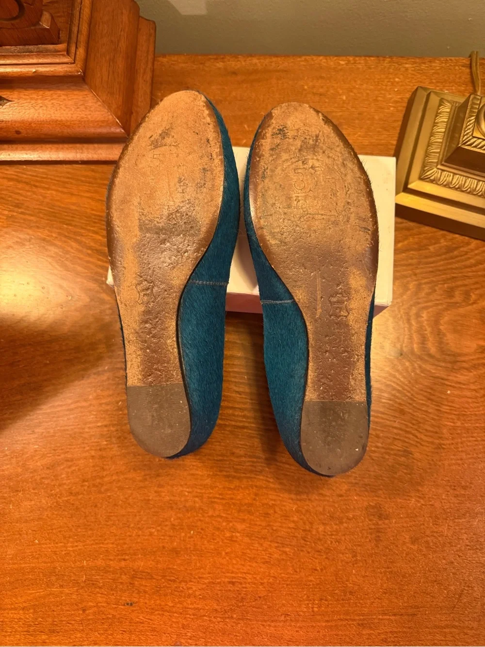 Tory Burch Teal Haircalf Leather Flats with Gold Bar Size 8